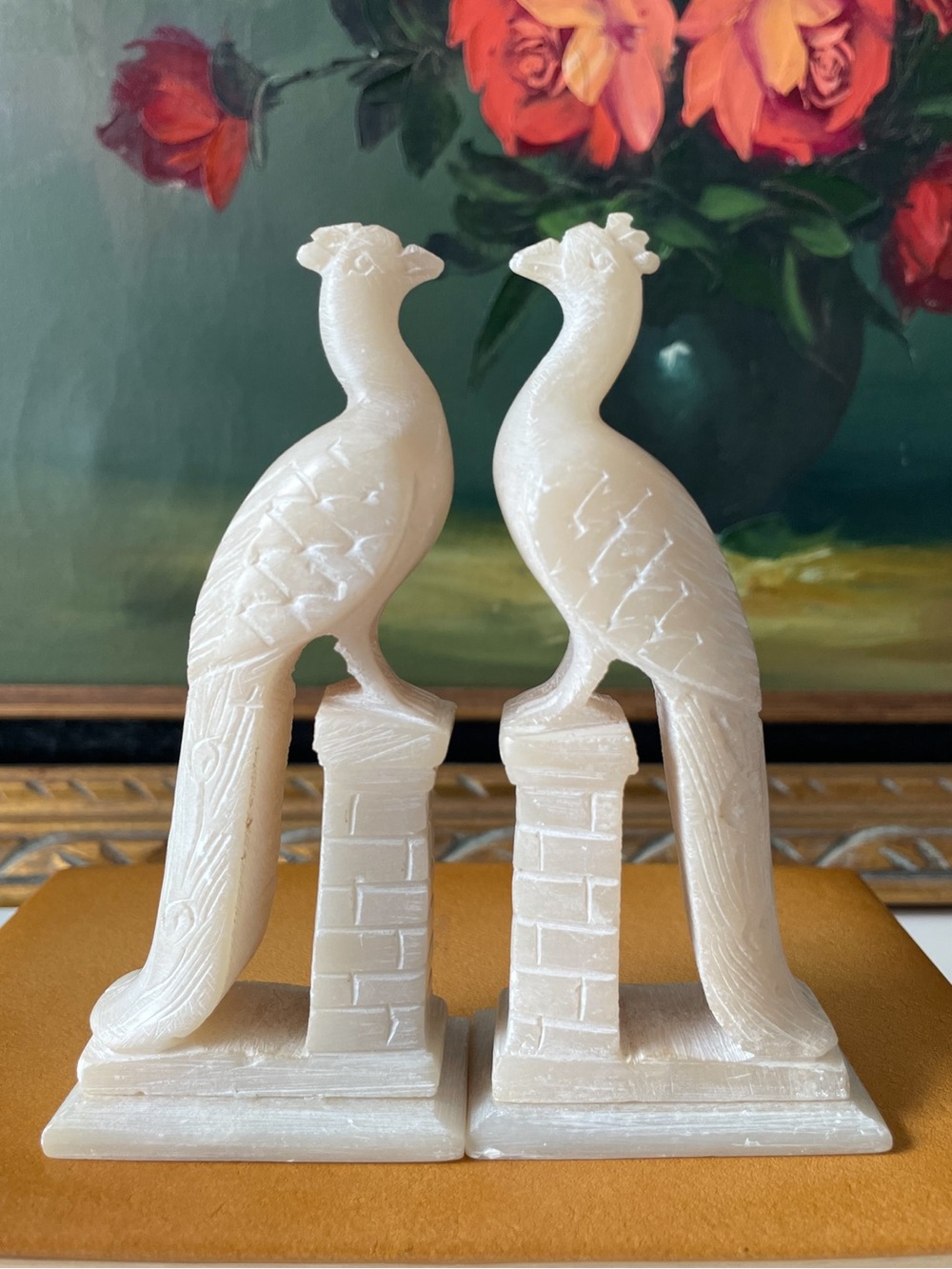 Vintage Hand-Carved Chinese White Soapstone Phoenix Bird Figurines